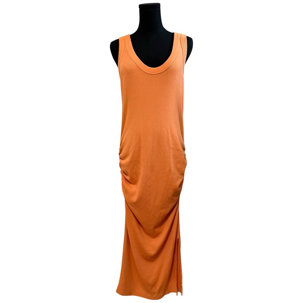 Michael Stars Ulla Midi Dress Sleeveless Ruched Ribbed Knit Coral Orange Large